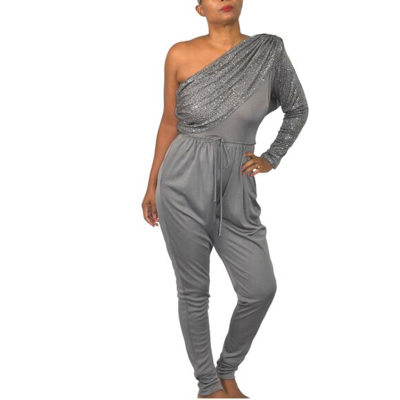 Vintage Climax One Shoulder Jumpsuit Gray Sequin Ruched Draped 70s Retro Small - Picture 13 of 15